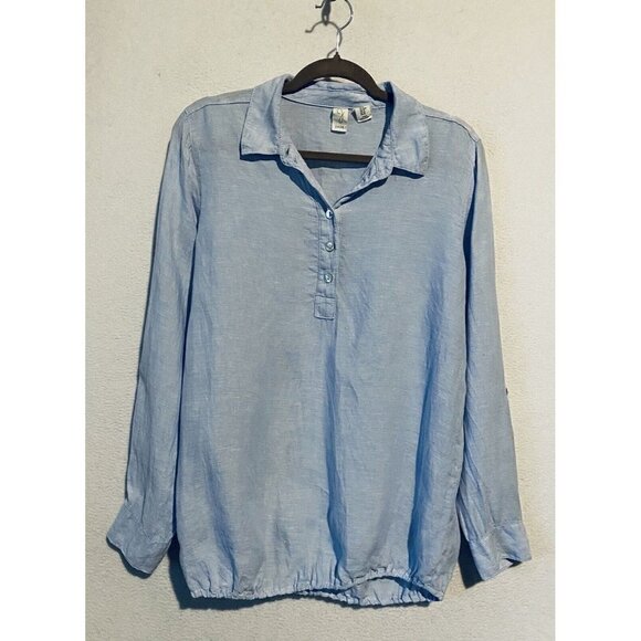 Joie Top Womens Medium Blue Linen Popover Elastic Waist Roll Tab Sleeve Beachy - Picture 1 of 7